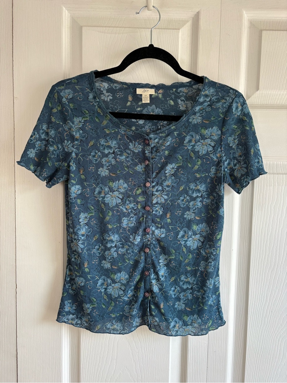 VNTG USA J.Jill Piped Knit Floral Top Blouse Blue Button XS Preppy Academia